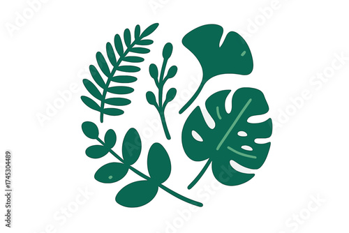 Modern botanical composition featuring various tropical foliage elements in deep green color