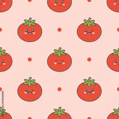 Kawaii Tomato and Polka Dot Seamless Pattern for Fabric, Wallpaper, and Kitchen Decor