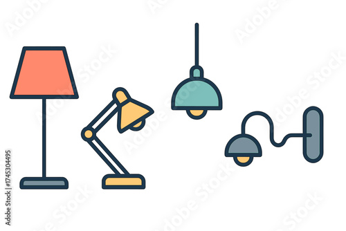 Set of modern household lighting fixtures including floor, desk, pendant, and wall lamps