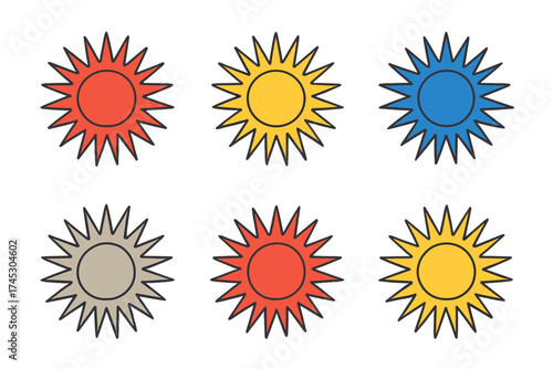 Six colorful sun icons representing weather, energy, and summer heat symbols in a graphic style