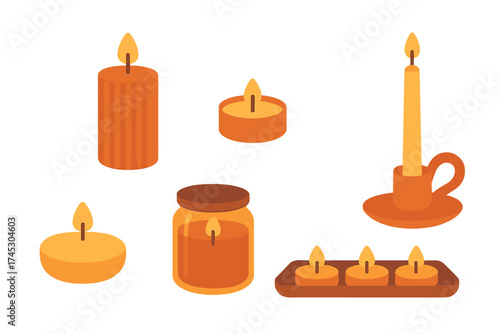 Set of burning candles in different shapes including pillar, taper, jar, and tealights