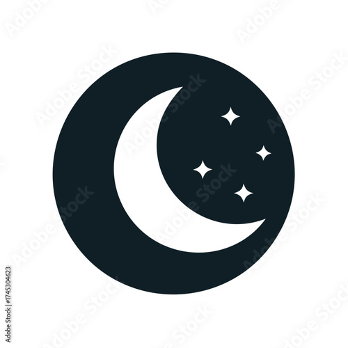 Minimalist crescent moon and three sparkling stars icon representing night, sleep, or celestial themes.