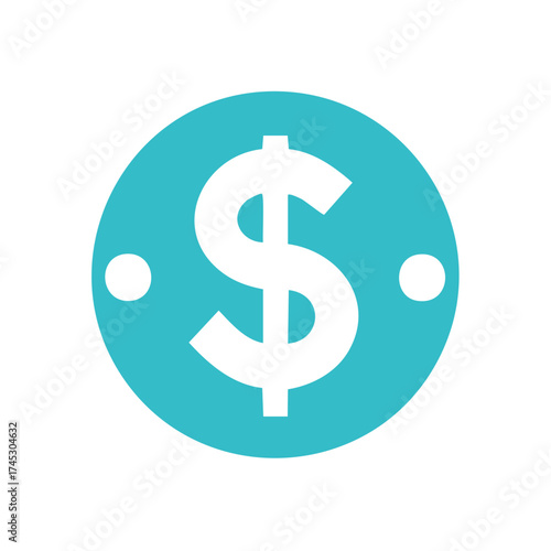 White dollar sign symbol centered on a teal blue circle with two white dots on a white background