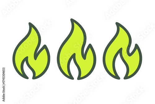 Horizontal row of three stylized bright neon green flame icons with dark outlines