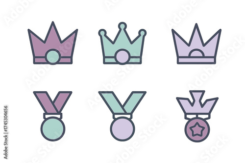 Colorful flat style icons representing success, royalty, and winning awards featuring crowns and medals