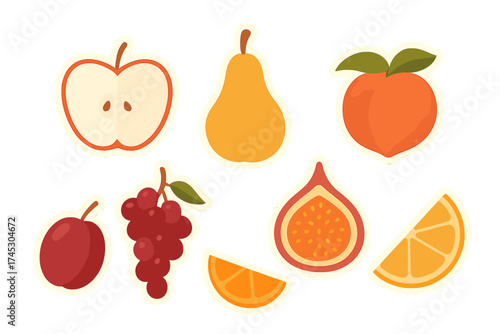 Collection of colorful fresh fruit stickers featuring apple pear grapes and citrus slices