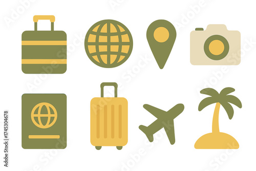 Collection of travel and vacation icons including luggage, passport, airplane, camera, and tropical island symbols