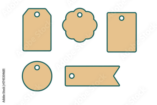 Set of five blank gift tags or price labels in various shapes with dark green outline and beige fill