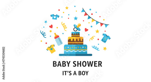 Celebratory baby shower event with a delightful cake and festive decorations for a baby boy.