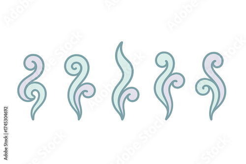 Five stylized abstract swirling decorative elements in soft pastel colors