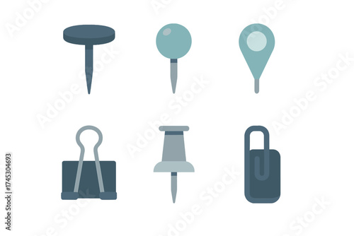 Essential office stationery supplies set with pushpins, thumbtacks, binder clip, and paper clip icons
