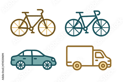 Stylized line art icons of common transport vehicles including bicycle, sedan car, and delivery truck