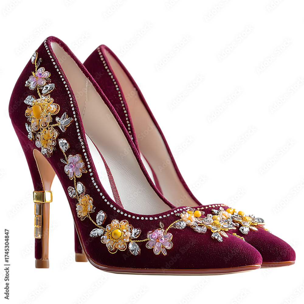 Obraz premium Ornate Burgundy Velvet High Heel Shoes with Gemstone Embellishments Keywords: high heels, shoes isolated on a transparent background