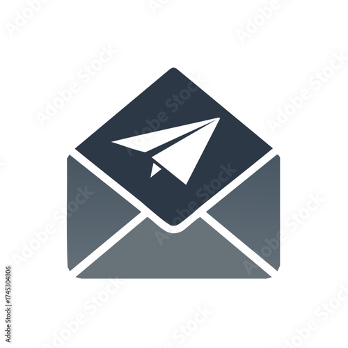 Modern flat icon of a paper airplane and an open envelope for sending messages and email
