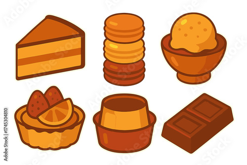 Isometric set of sweet food icons featuring cake, macarons, ice cream, tart, pudding, and chocolate