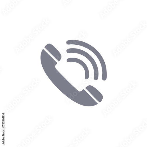 Simple gray telephone handset icon ringing with sound waves. Vector symbol for a phone call or communication.