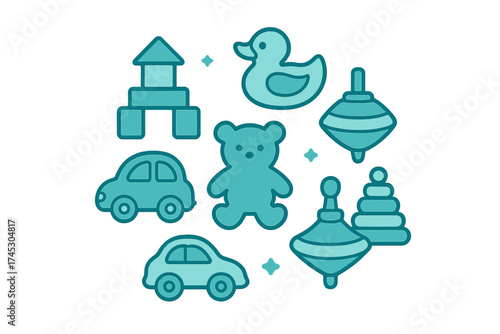Collection of classic baby and toddler toys arranged in a circular pattern