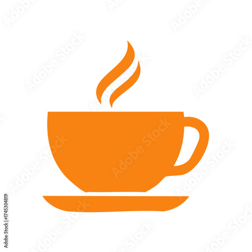 Orange coffee cup and saucer with steam rising on white