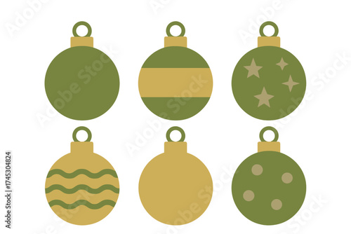 Six festive Christmas baubles collection with assorted patterns in muted green and gold tones