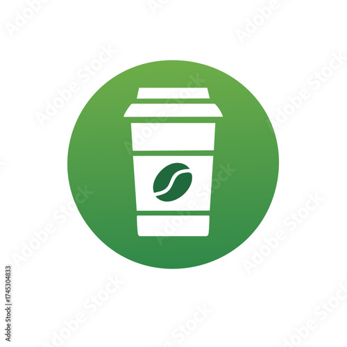 Stylized Coffee Cup Icon on Green Circle To Go Drink Silhouette Coffee Bean Graphic Hot Beverage Symbol Minimalist Design
