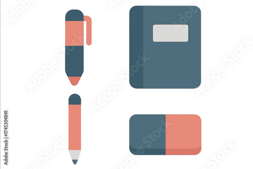 Collection of essential stationery items including a pen, pencil, notebook, and eraser in flat design style