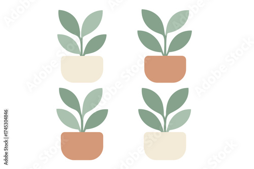 Abstract geometric pattern featuring four potted houseplants in soft pastel colors