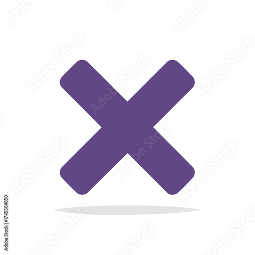 Purple X mark symbol with a shadow on a white background simple geometric shape