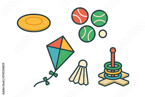 Colorful collection of outdoor leisure and sports equipment icons including a kite, frisbee, shuttlecock, and balls
