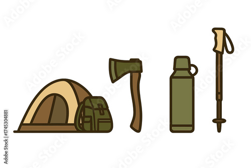 Basic set of camping equipment and hiking accessories for wilderness exploration