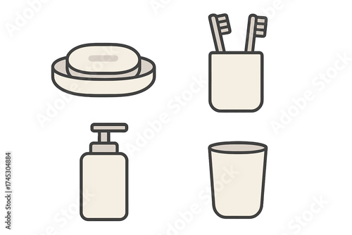 Essential bathroom hygiene items including soap, toothbrushes, dispenser, and cup