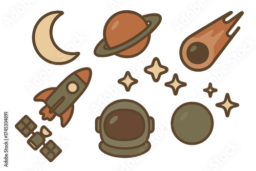 Adorable cosmic elements set featuring rocket ship, crescent moon, planet, comet, and astronaut helmet