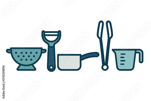 Set of essential kitchen tools and cooking utensils including peeler, colander, saucepan, tongs, and measuring cup