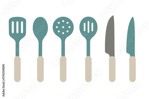 Modern set of cooking utensils including spatulas spoons and knives for kitchen preparation