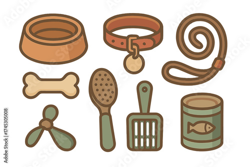 Essential accessories and supplies collection for domestic pets like dogs and cats