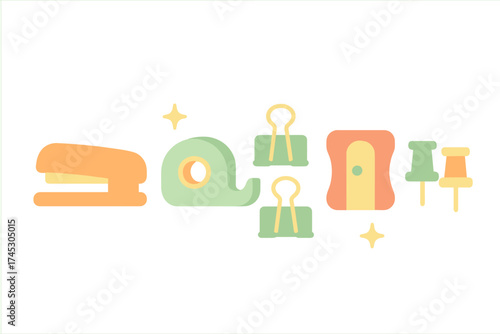 Colorful collection of essential office and school stationery supplies including stapler and binder clips
