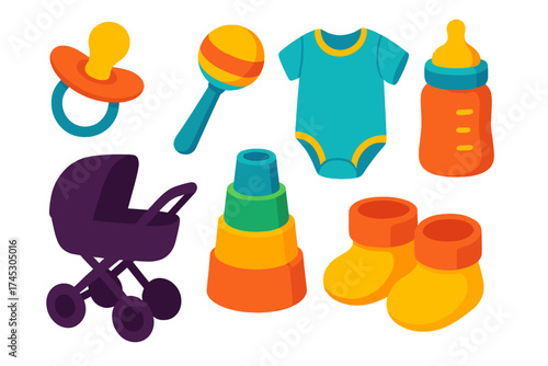 Assortment of colorful baby care products and playful developmental toys