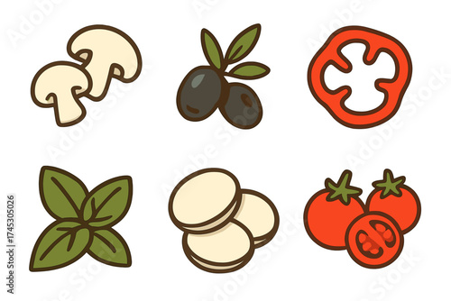 Six essential ingredients for making pizza arranged neatly on a white background
