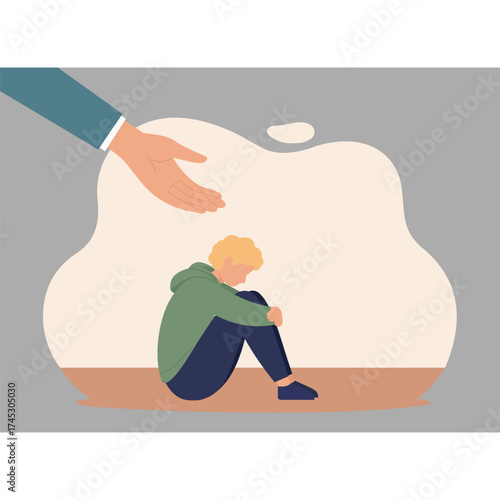 Sad boy sitting alone receiving comfort and emotional support illustration