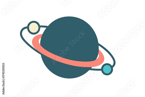 Minimalist flat design stylized cosmic planet with rings and orbiting satellites