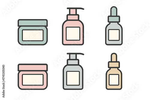 Minimalist set of six cosmetic product containers jars pumps and dropper bottles