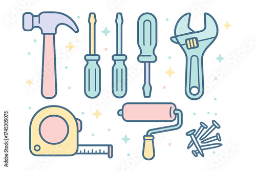 Collection of essential construction and maintenance tools including hammer and wrench