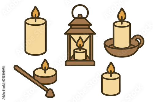Assortment of burning wax candles in various shapes and sizes with a traditional lantern