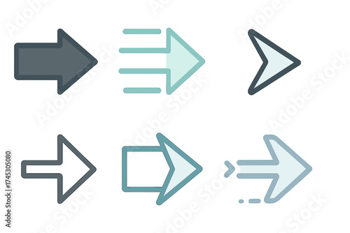 Six modern right direction arrows for navigation and user interface design elements