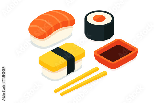 Isometric set of traditional Japanese sushi food including nigiri, maki roll, tamago, soy sauce, and chopsticks