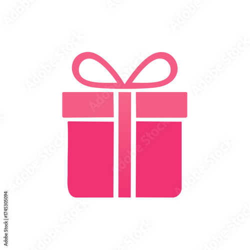 Vibrant pink gift box icon with a ribbon and bow. Simple flat design graphic for a birthday or holiday surprise.