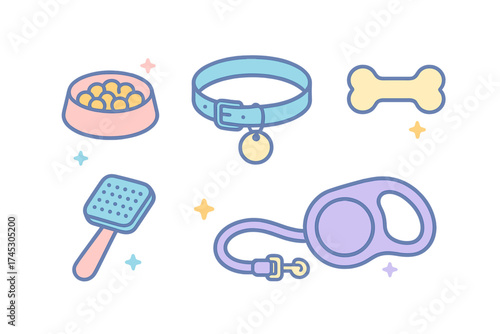 Flat lay collection of essential dog accessories and supplies in charming pastel colors