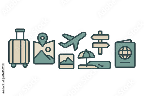 Essential travel and vacation symbols including luggage, map, airplane, and passport
