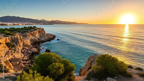 A breathtaking panoramic view of a beautiful coastal landscape during the golden hour, with the sun low on the horizon casting a warm, reflective glow across the tranquil turquoise ocean. Rugged cliff