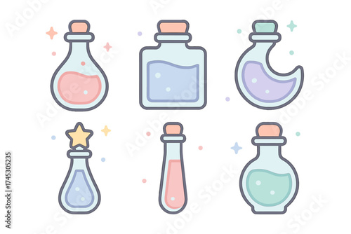 Stylized set of six magical elixir bottles in various shapes and soft pastel colors