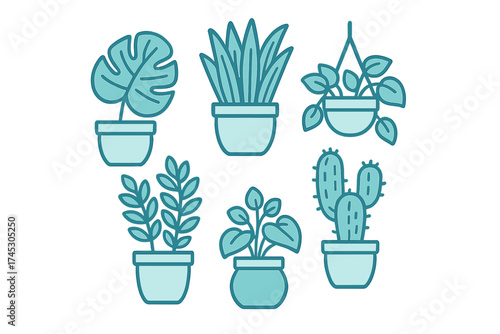 Set of six stylized indoor potted plants including tropical leaves and desert succulents
